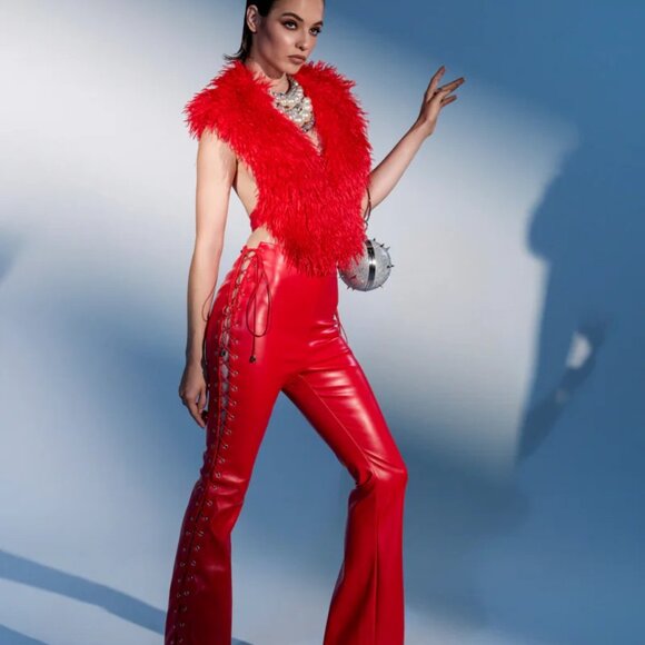 AKIRA SEXY FAUX LEATHER RED LACE-UP PANTS - L - Picture 1 of 6